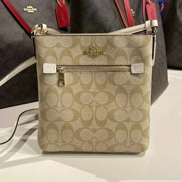 NWT Coach Mini Rowan File Bag In Signature Canvas Gold/Light Khaki Chalk